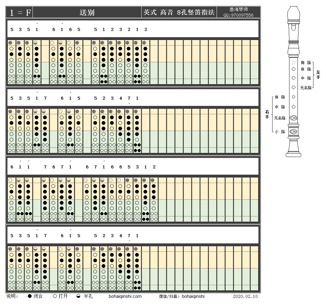 《送别》英式高音八孔竖笛f调指法
