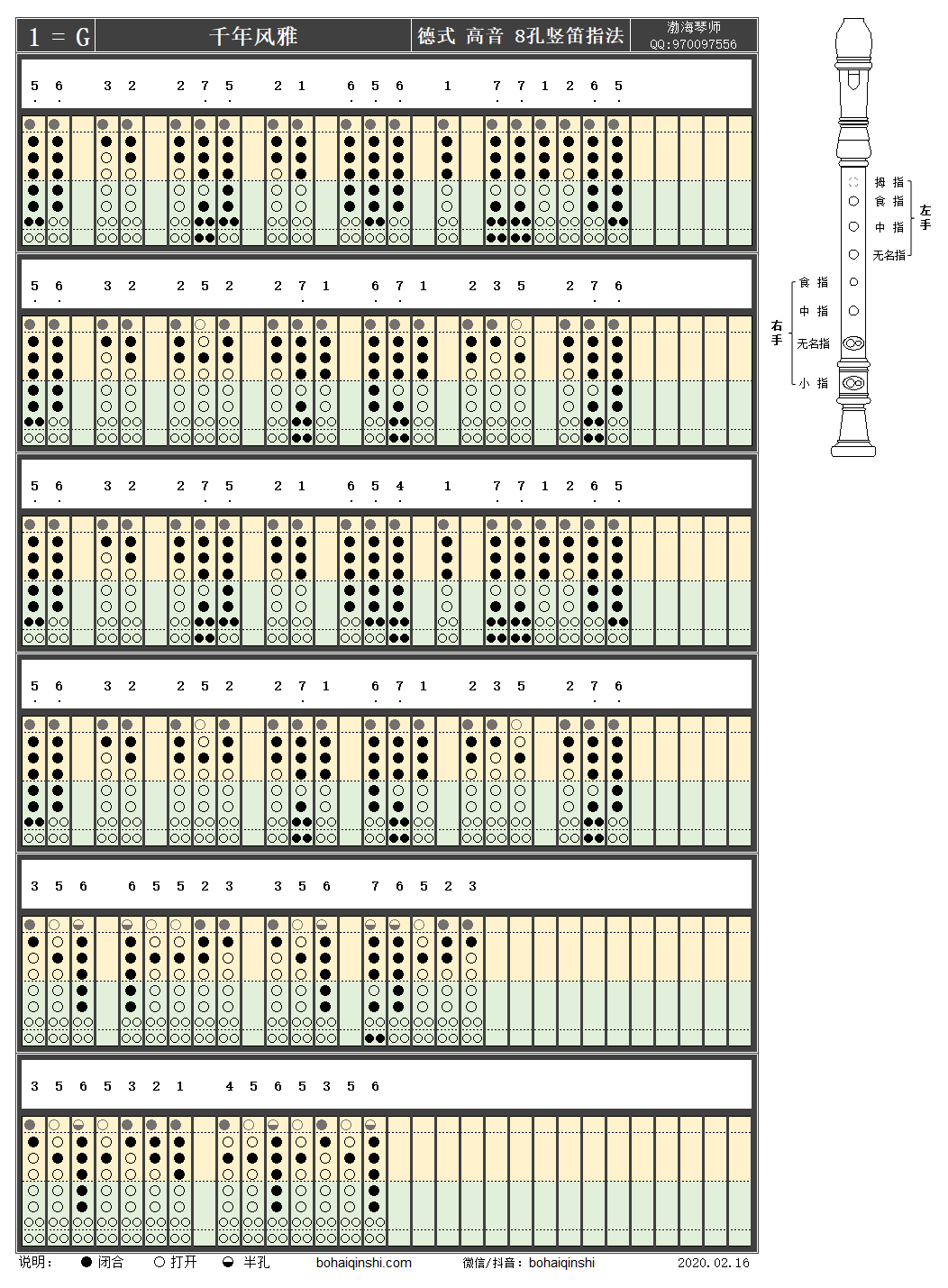 《千年风雅》德式高音八孔竖笛g调指法