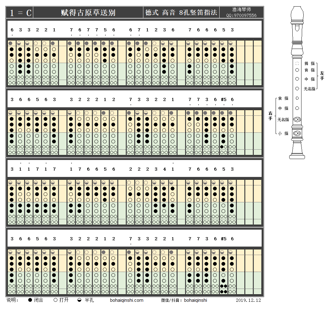 《赋得古原草送别》德式高音八孔竖笛c调指法