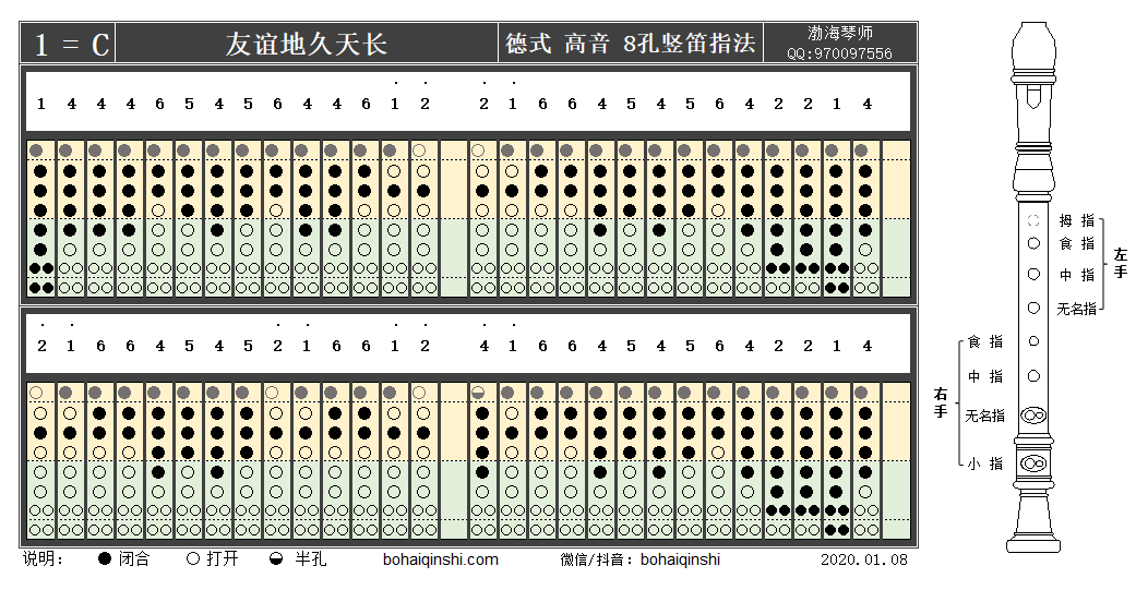 《友谊地久天长》德式高音八孔竖笛c调指法