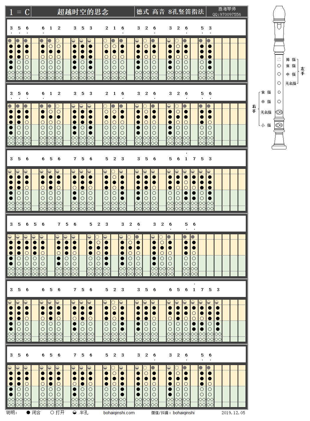 《超越时空的思念》德式高音八孔竖笛c调指法