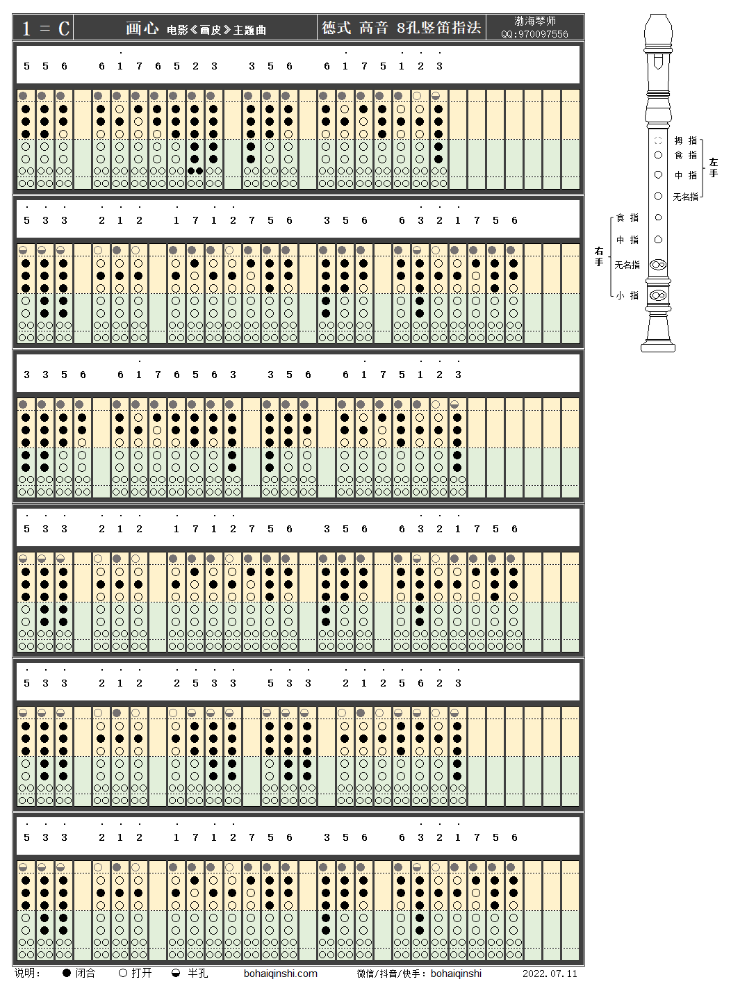 德式高音八孔竖笛c调指法-画心